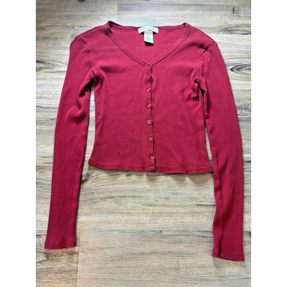 Planet Gold Juniors' Rib-Knit Red Button Front Long Sleeve Top Size Small S